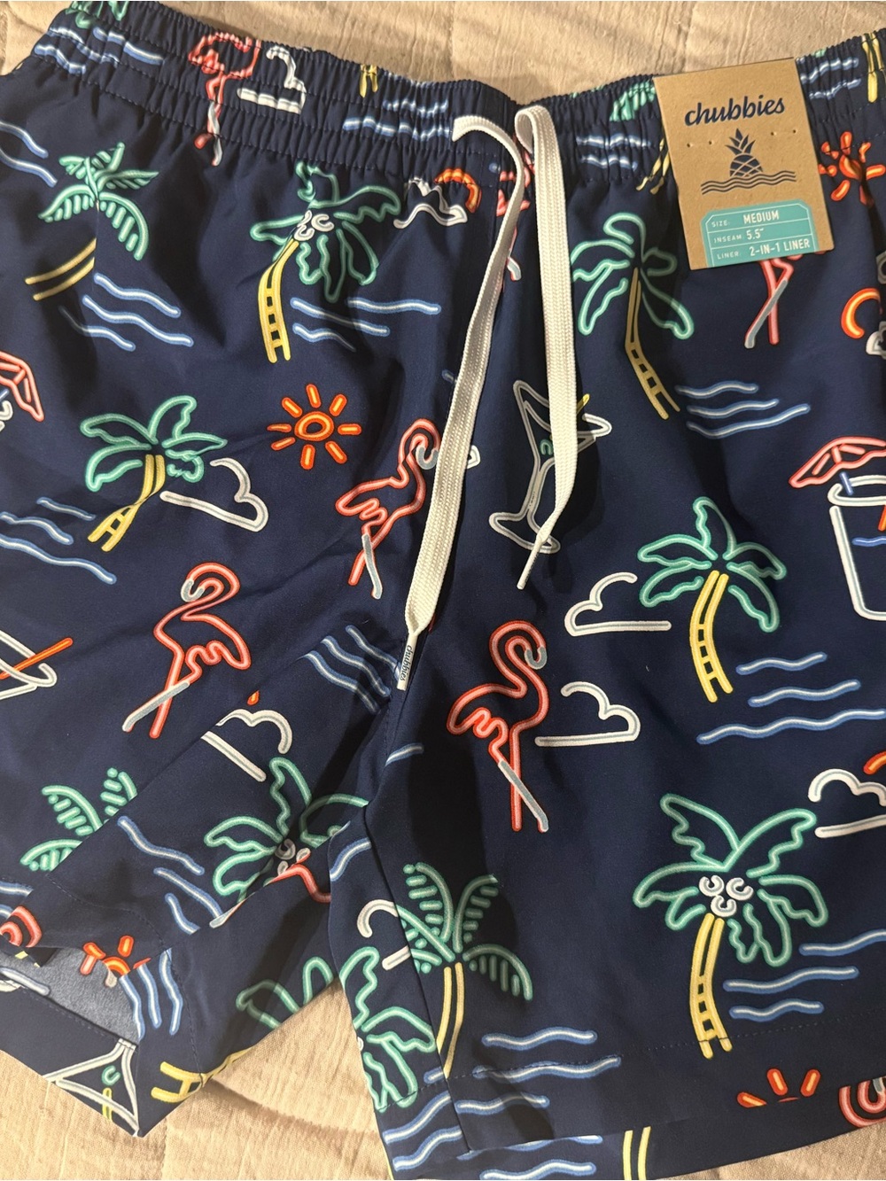 chubbies Navy Neon Flamingo & Palm Print Swim Trunks